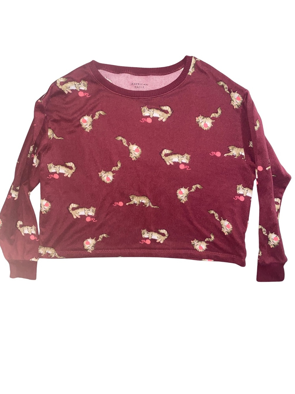American Eagle AE Lounge Womens S Cat Yarn Print Burgundy Pajama Top Shirt